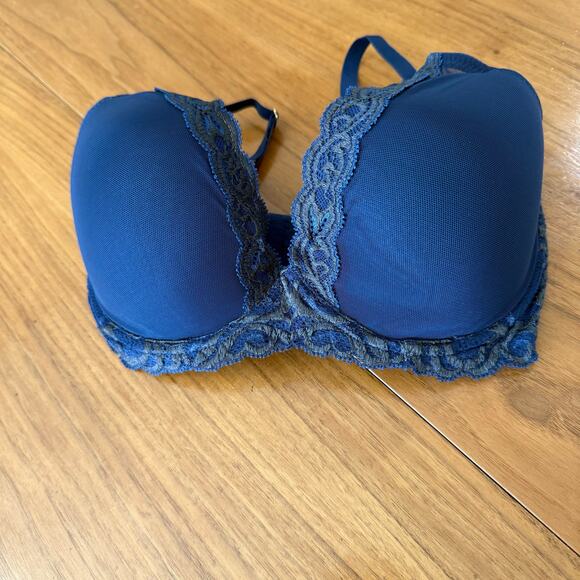 Natori Bra 32DD Feathers Plunge T Shirt Navy Gray Underwire Lace 730023 - Picture 4 of 13